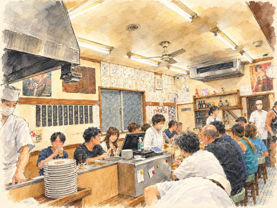 店内のにぎわいを鉛筆と淡い水彩で描いた手描き風イラスト